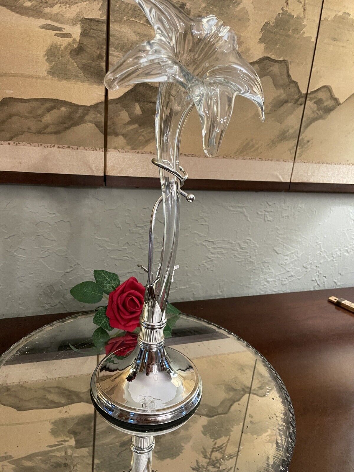 Epergne Art Glass Lily flower with Silver Display Stand 15" MINT