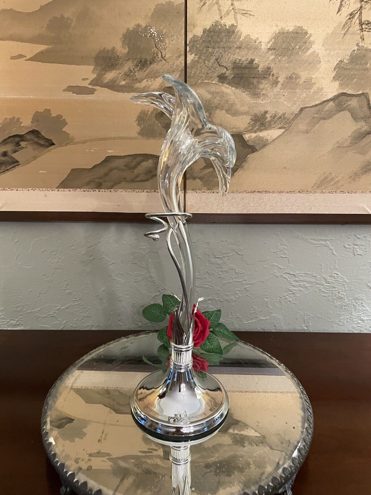 Epergne Art Glass Lily flower with Silver Display Stand 15" MINT