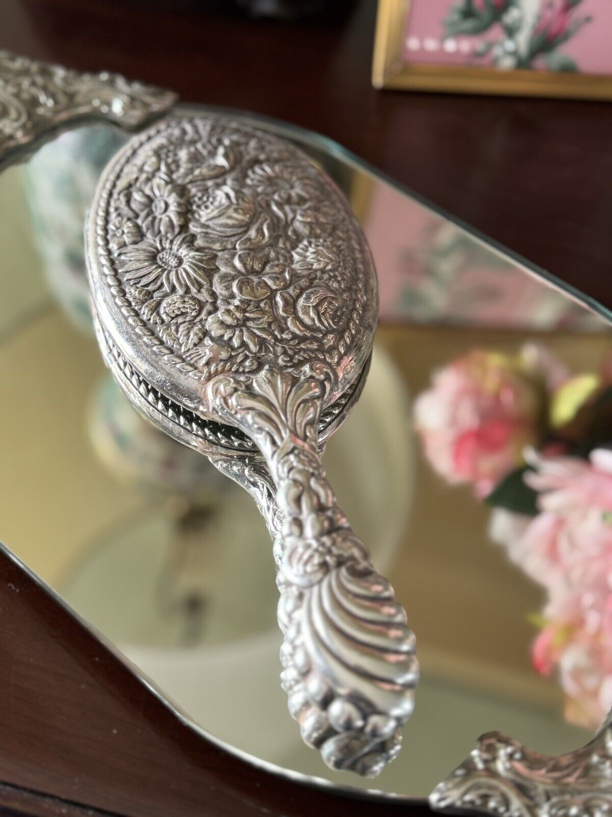 Vintage Silverplate Vanity Dressing Table Mirror Set Repoussé Floral Design