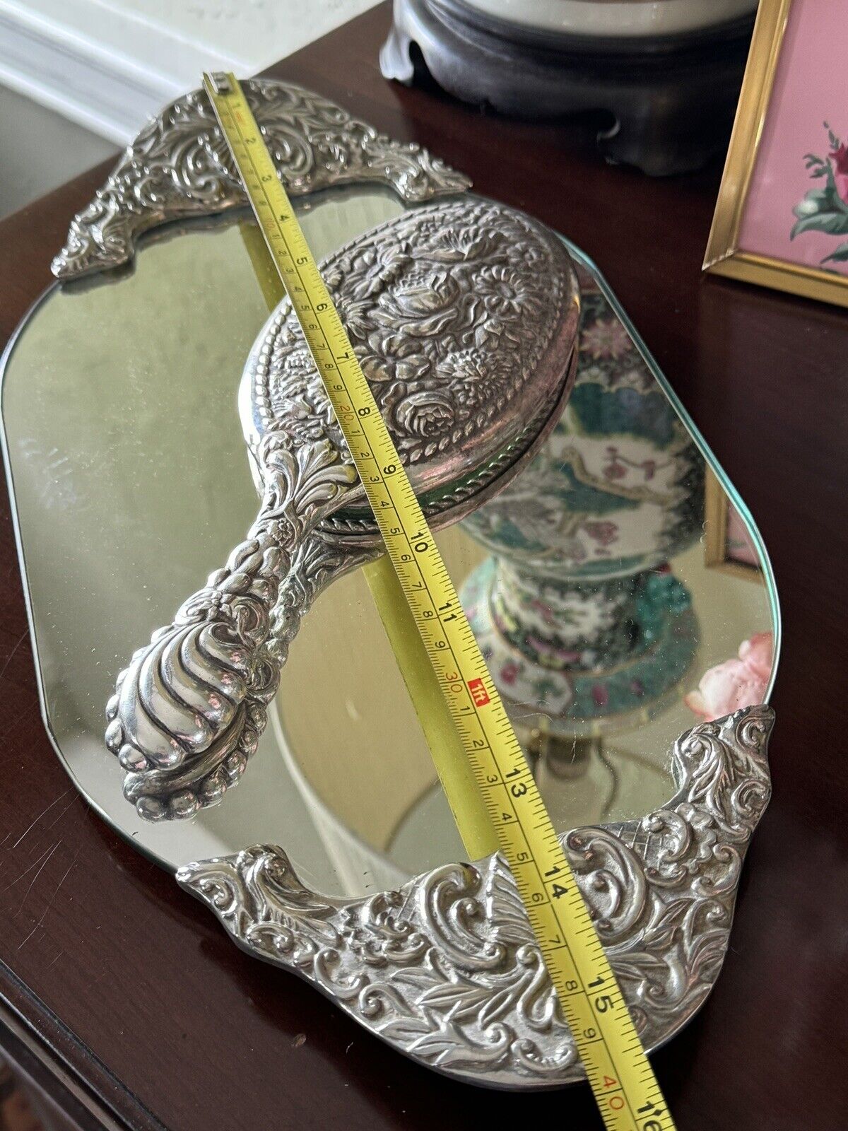 Vintage Silverplate Vanity Dressing Table Mirror Set Repoussé Floral Design