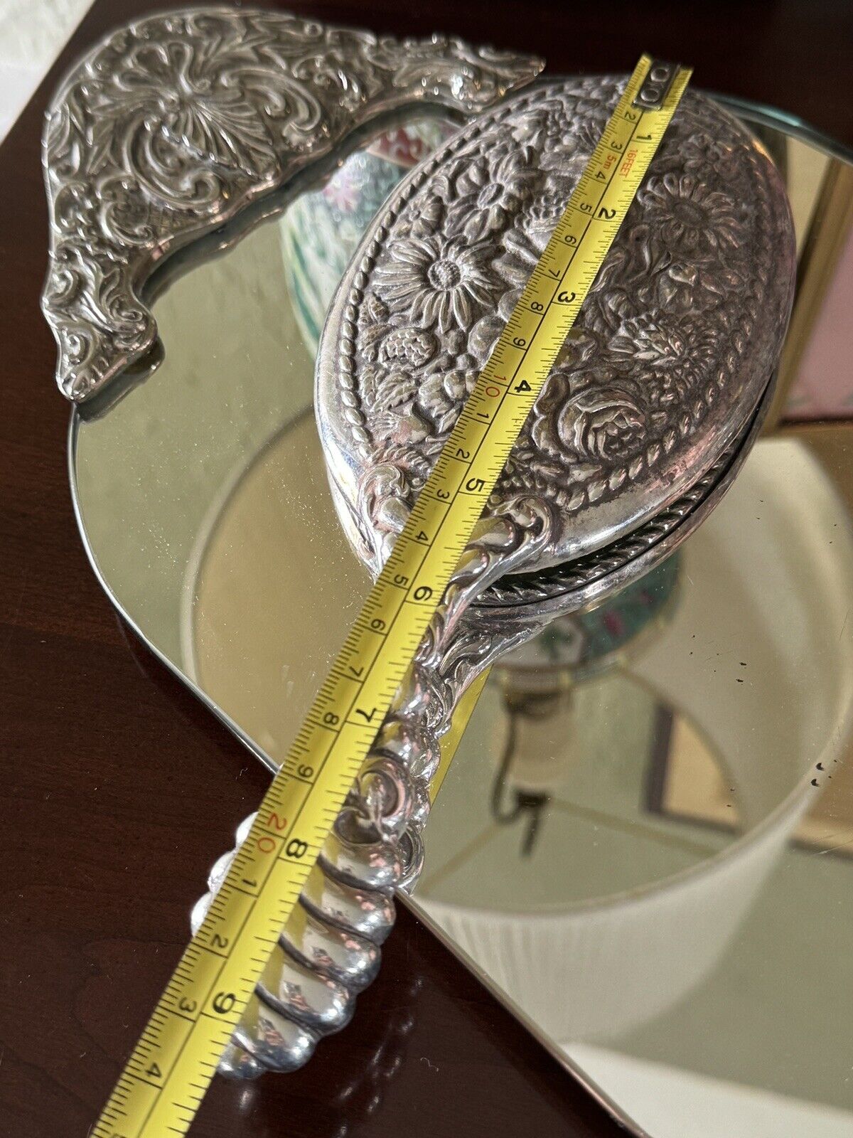 Vintage Silverplate Vanity Dressing Table Mirror Set Repoussé Floral Design