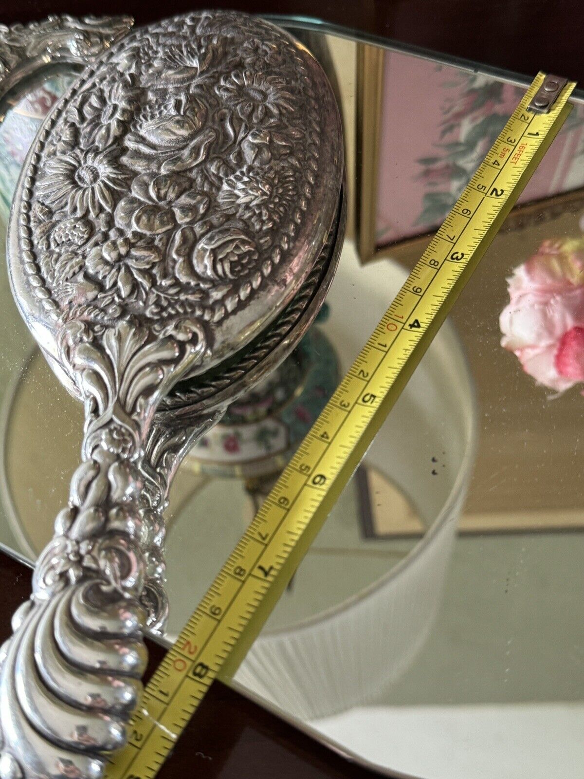 Vintage Silverplate Vanity Dressing Table Mirror Set Repoussé Floral Design