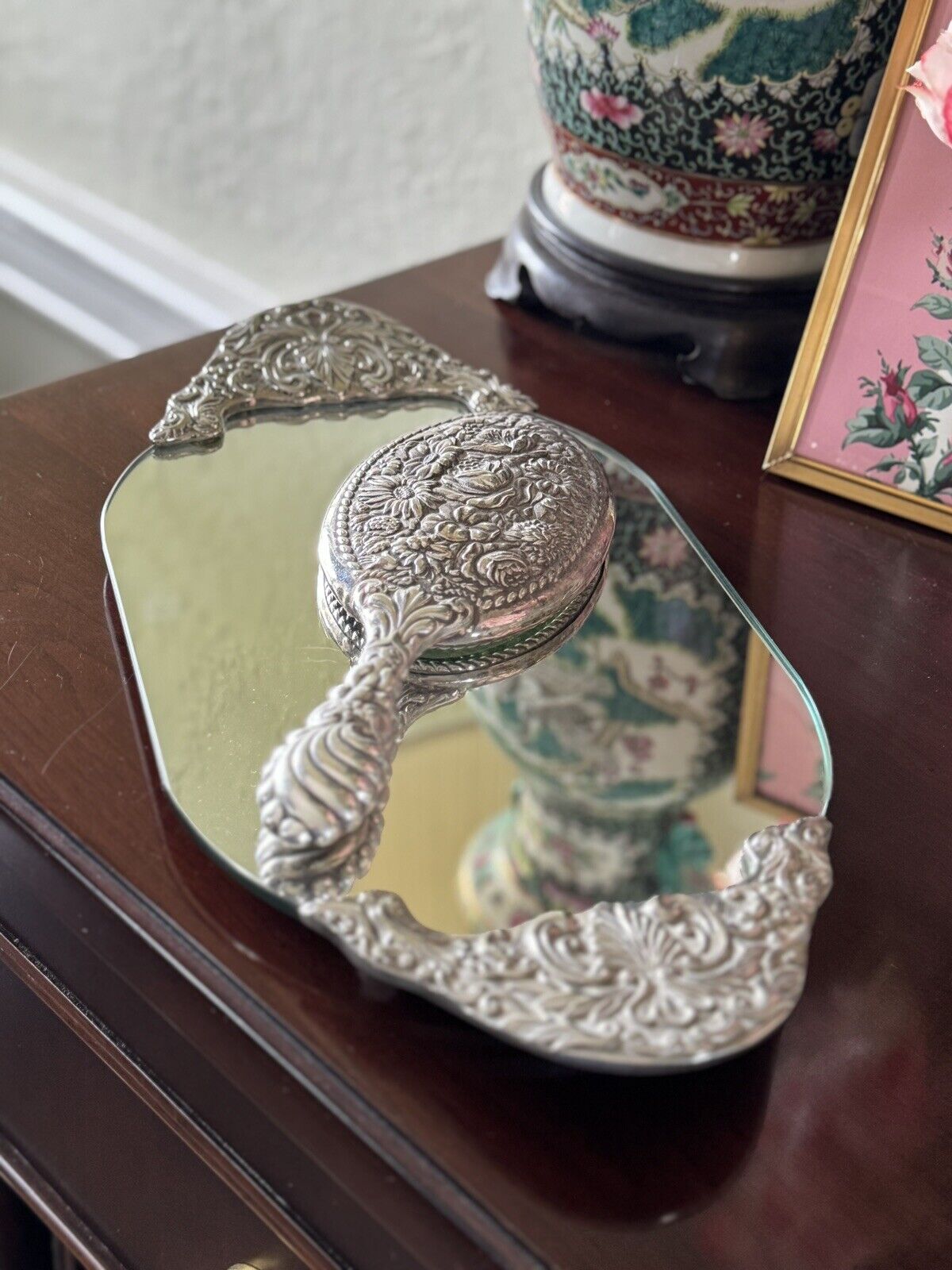 Vintage Silverplate Vanity Dressing Table Mirror Set Repoussé Floral Design