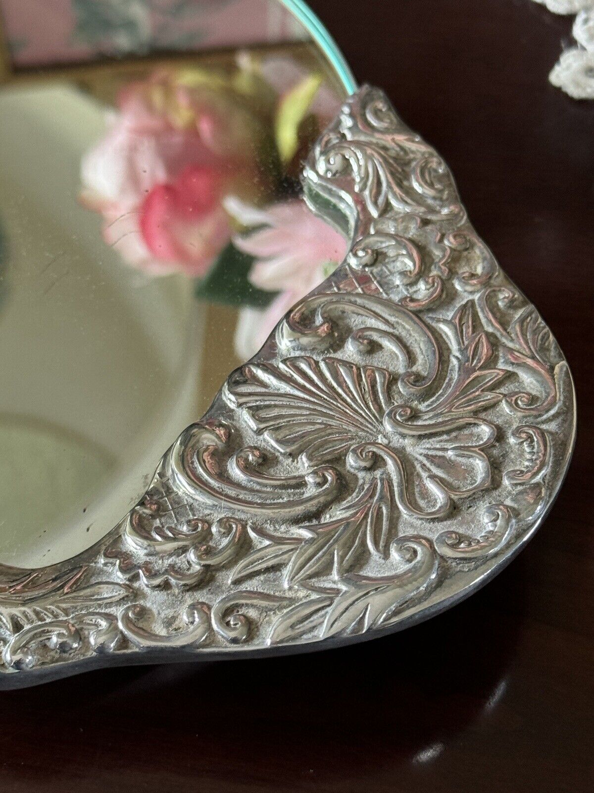 Vintage Silverplate Vanity Dressing Table Mirror Set Repoussé Floral Design