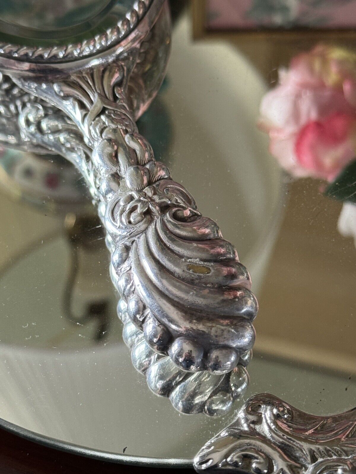 Vintage Silverplate Vanity Dressing Table Mirror Set Repoussé Floral Design