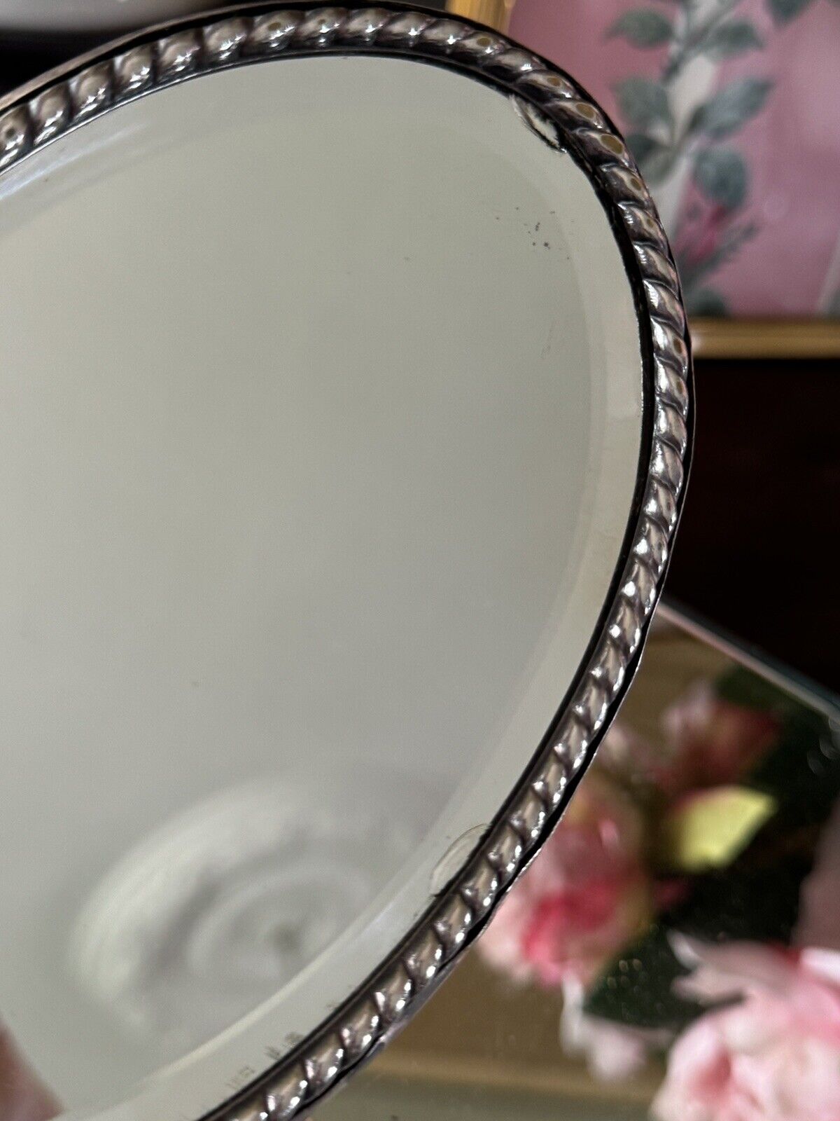 Vintage Silverplate Vanity Dressing Table Mirror Set Repoussé Floral Design