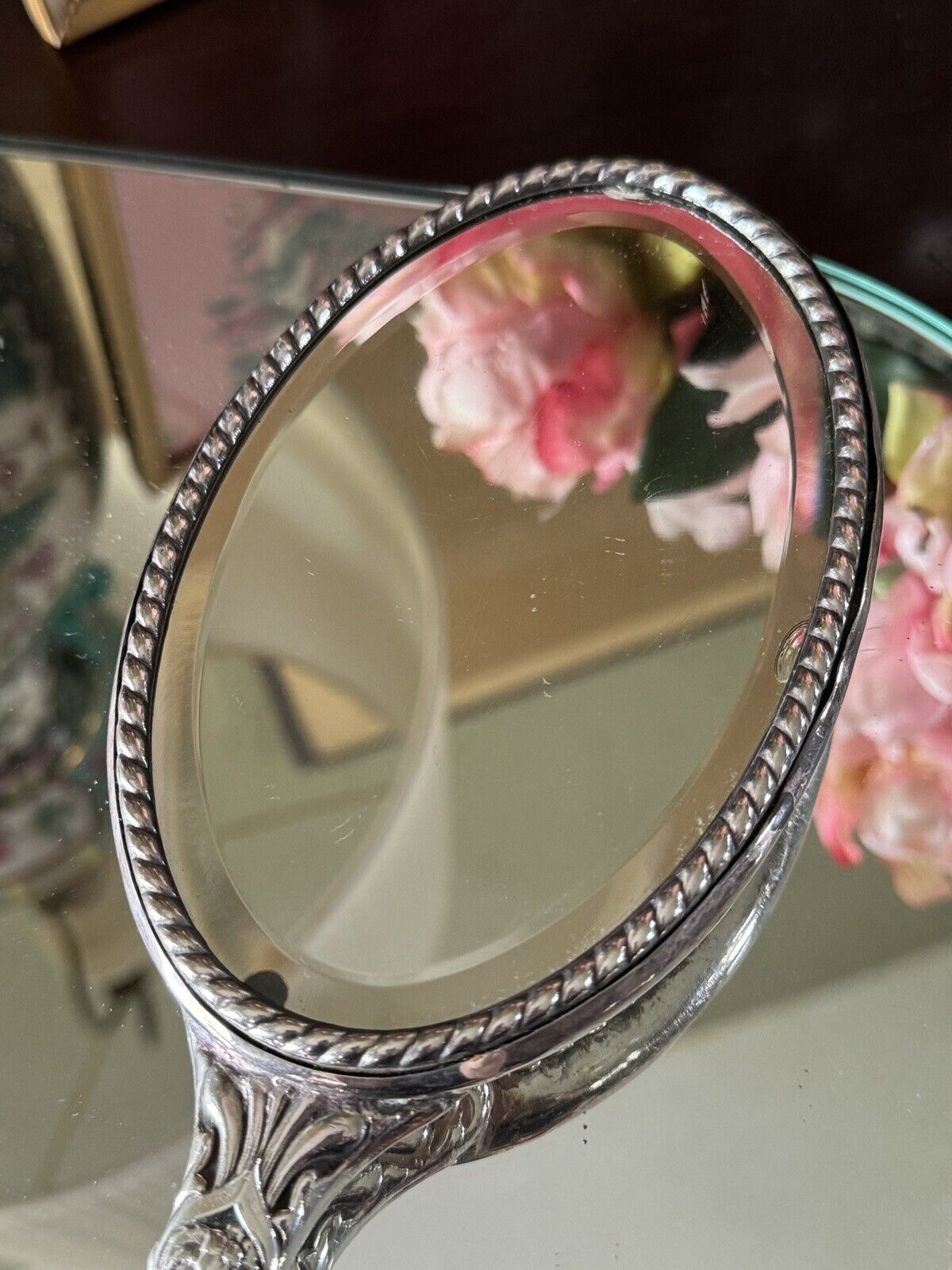 Vintage Silverplate Vanity Dressing Table Mirror Set Repoussé Floral Design