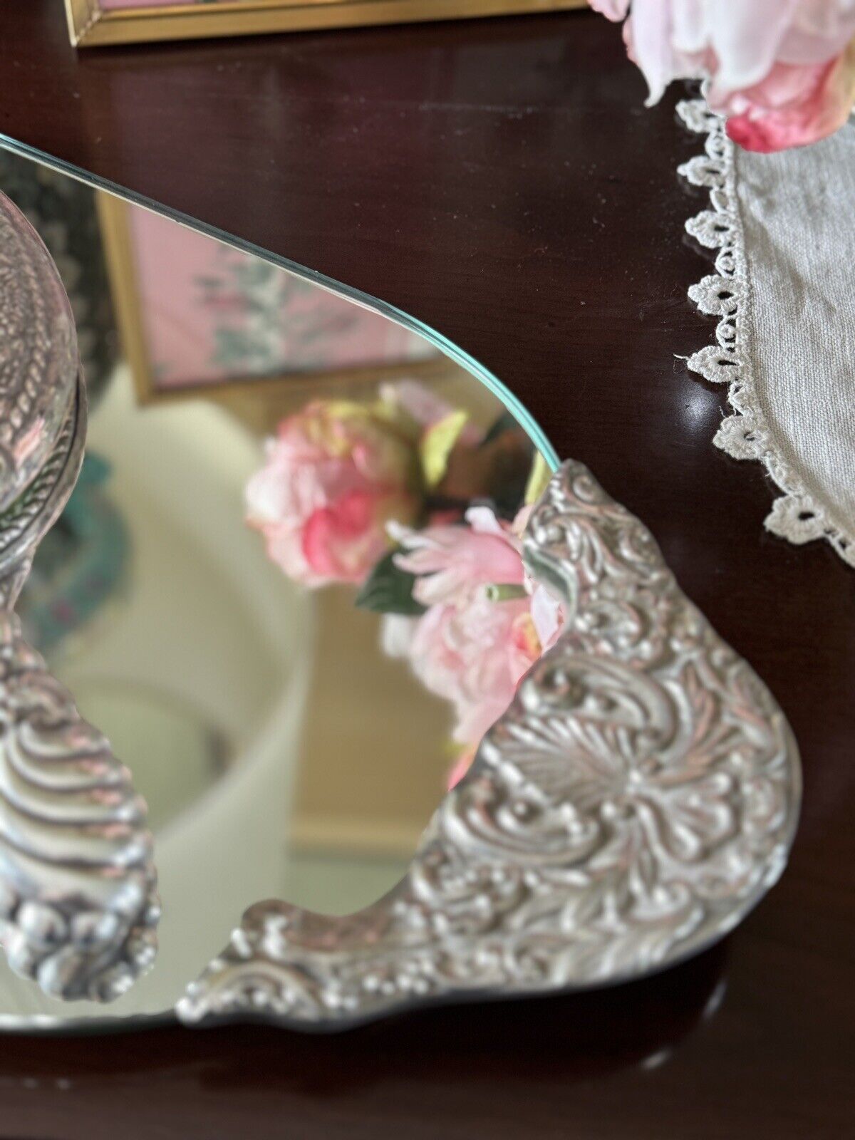 Vintage Silverplate Vanity Dressing Table Mirror Set Repoussé Floral Design