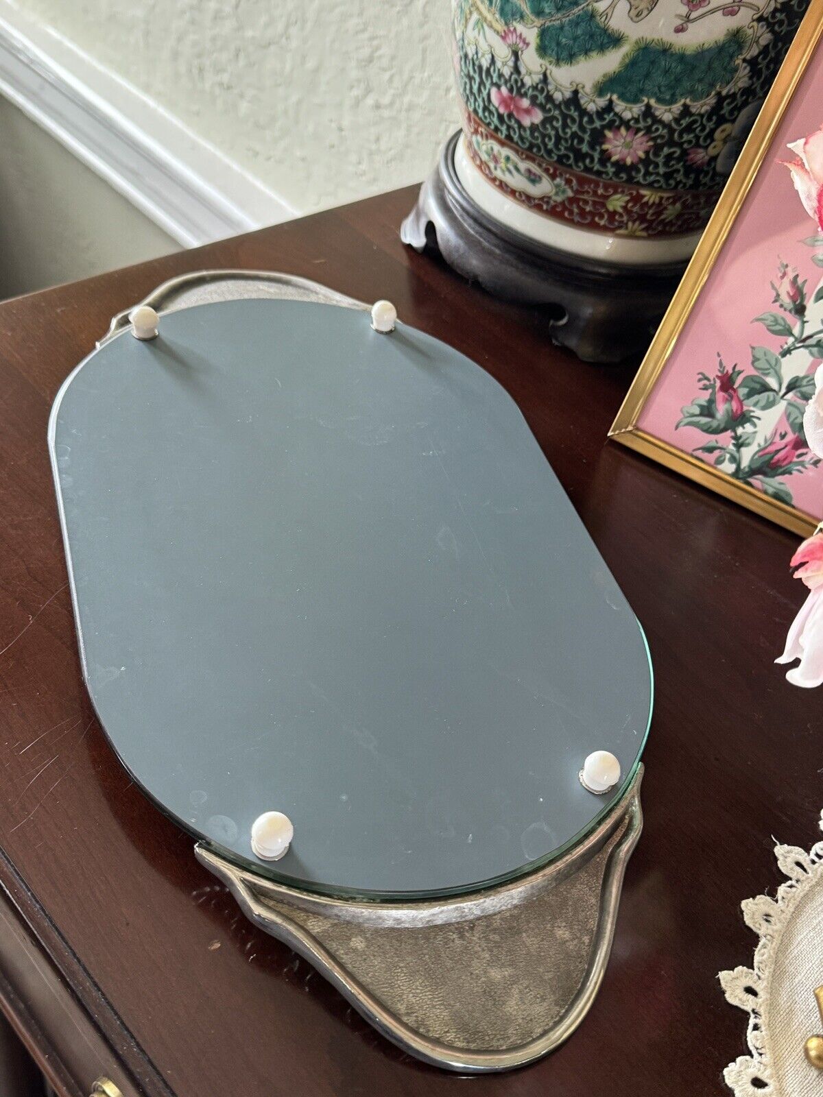 Vintage Silverplate Vanity Dressing Table Mirror Set Repoussé Floral Design