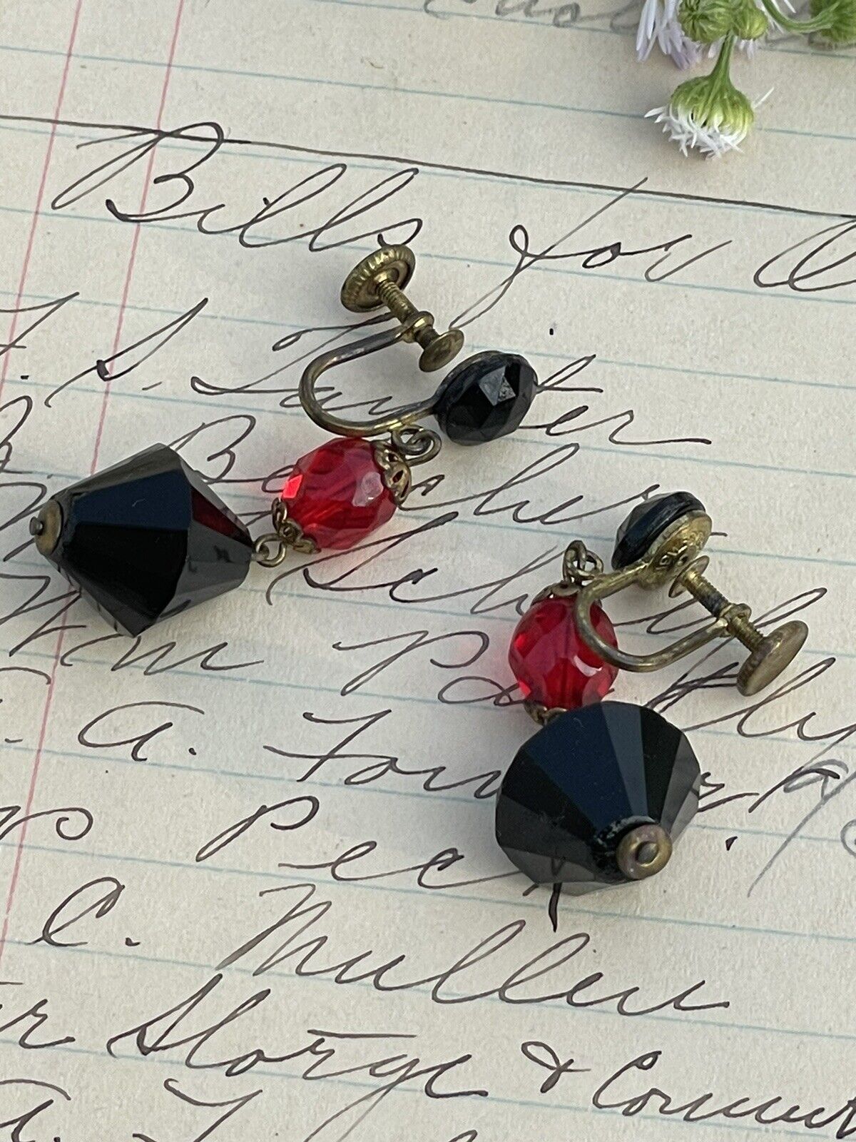 Vintage Black & Red Tear Drop Bead Earrings Screw Back West GERMANY
