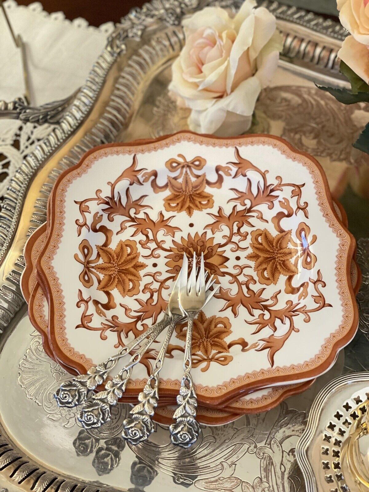 Set Of 4 Indian Red Spode Luncheon Plates Serpentine Square 9”