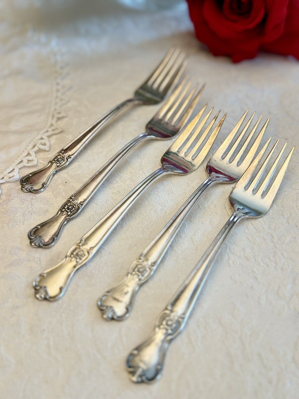 Set Of 5 Community Silver Plate Rose Pattern Forks 6.75”
