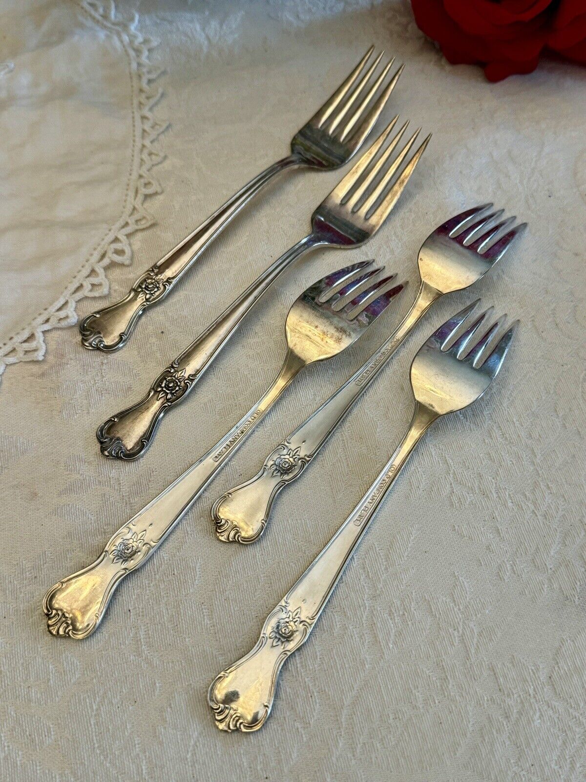 Set Of 5 Community Silver Plate Rose Pattern Forks 6.75”