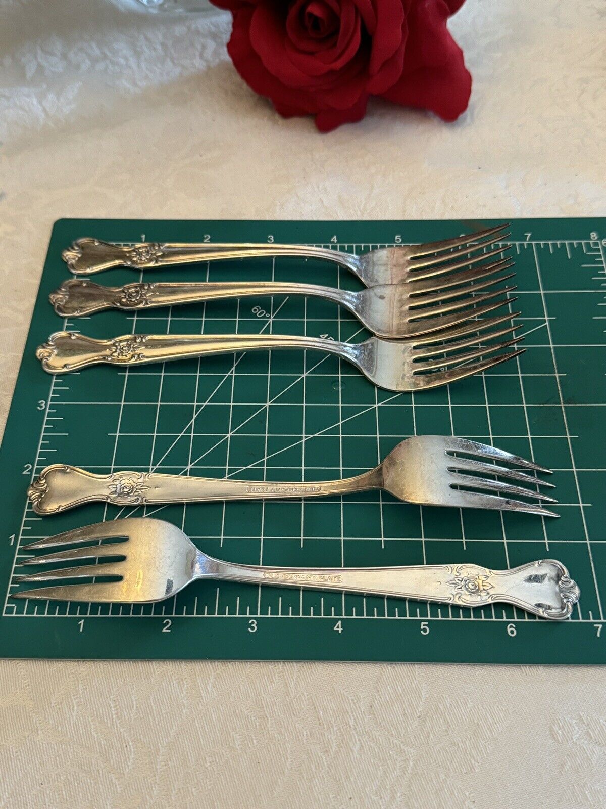 Set Of 5 Community Silver Plate Rose Pattern Forks 6.75”