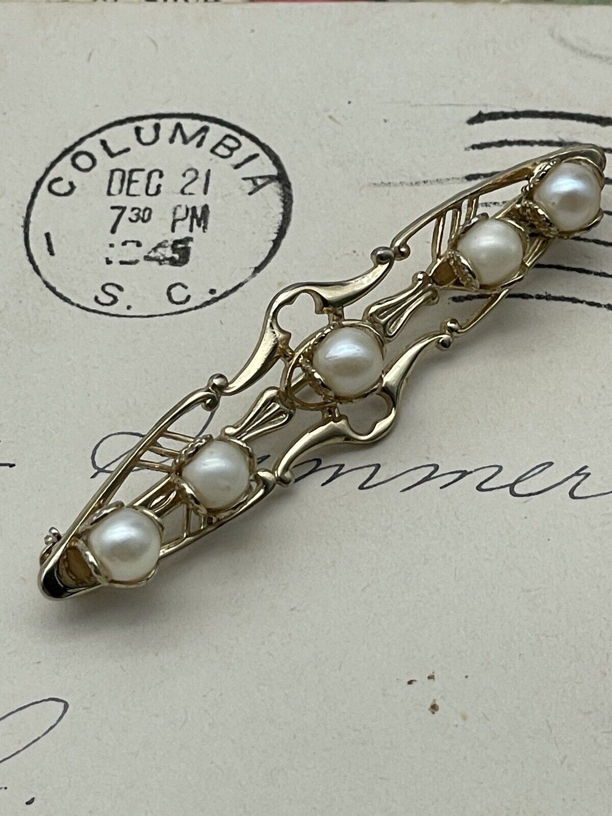 Gold Tone Filigree Pin With Faux Pearls & Clip-on Earrings