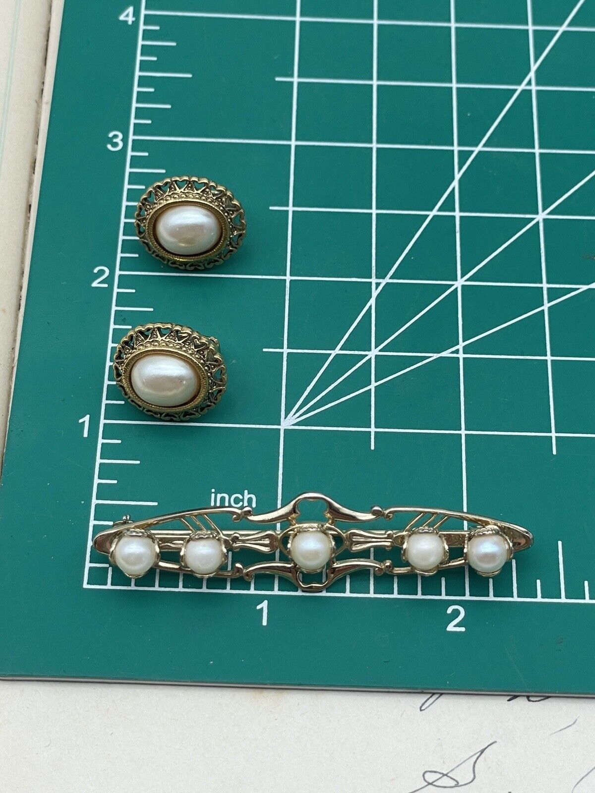 Gold Tone Filigree Pin With Faux Pearls & Clip-on Earrings