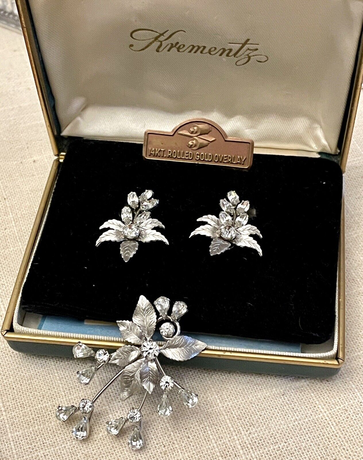 Vintage Krementz Clear Rhinestone Earrings & Pendant ORIGINAL CASE SIGNED