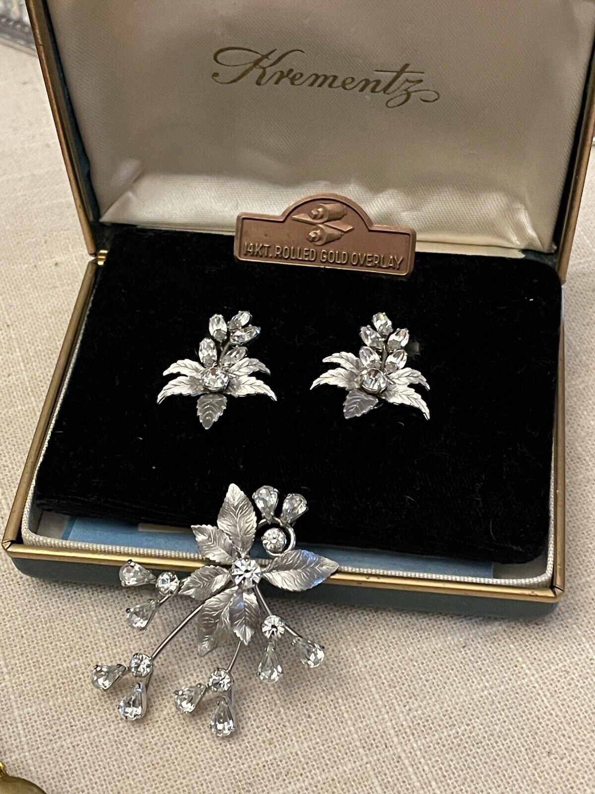 Vintage Krementz Clear Rhinestone Earrings & Pendant ORIGINAL CASE SIGNED