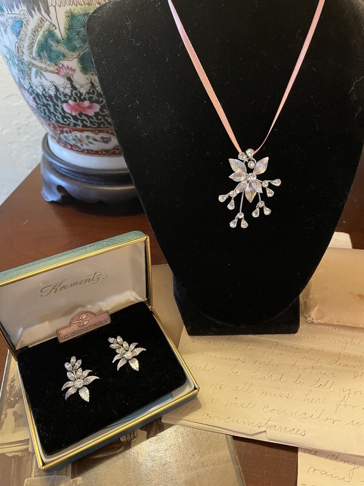 Vintage Krementz Clear Rhinestone Earrings & Pendant ORIGINAL CASE SIGNED