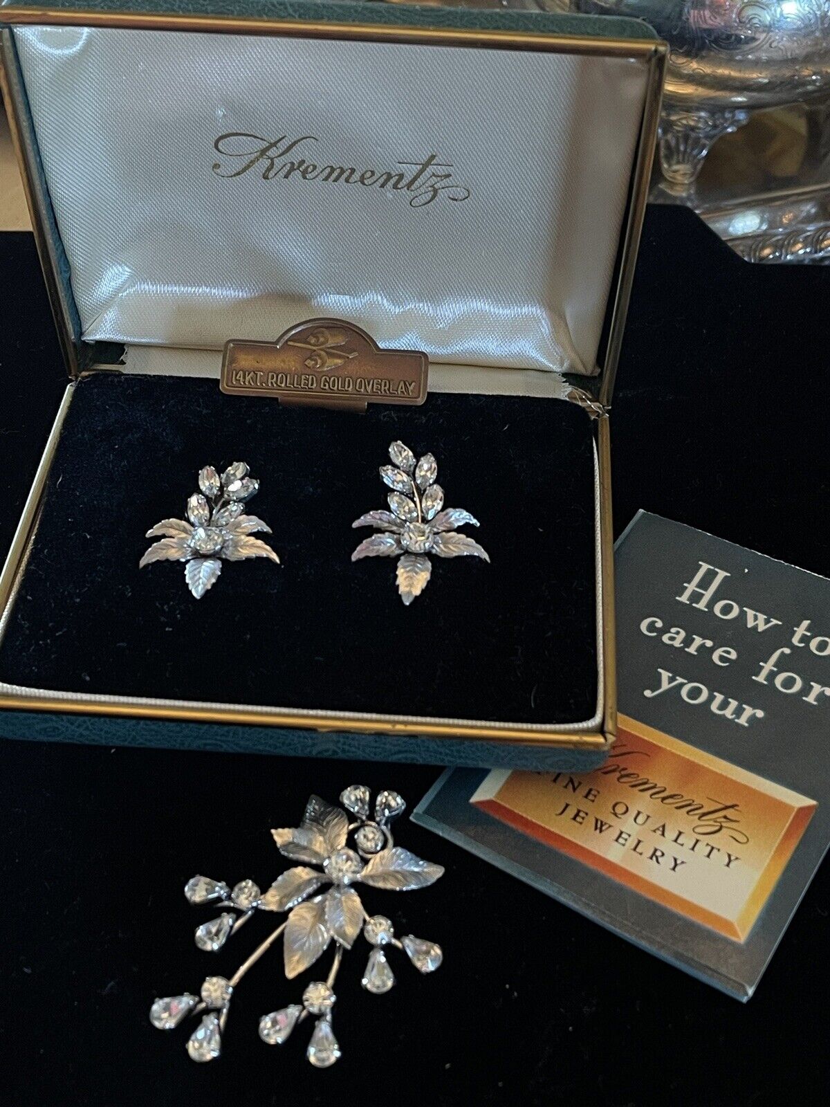 Vintage Krementz Clear Rhinestone Earrings & Pendant ORIGINAL CASE SIGNED