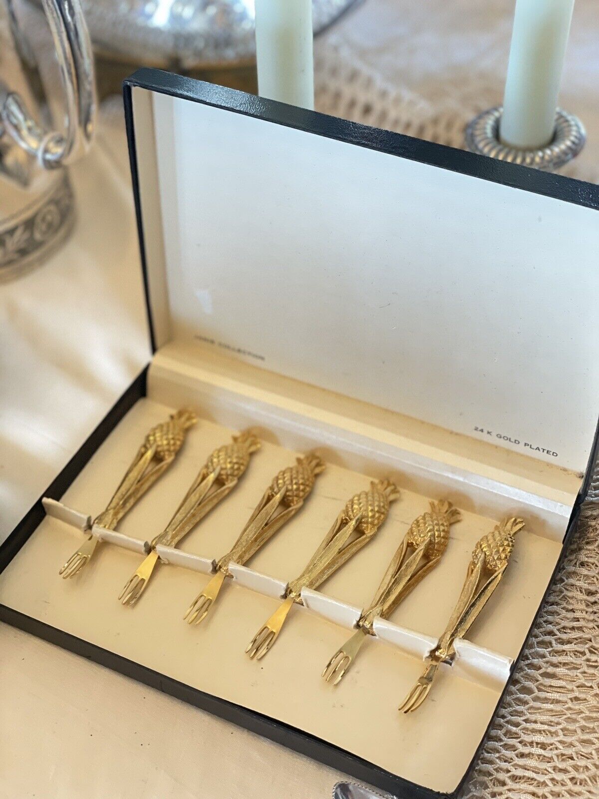 Vintage Canapé Fork Set 24kt Gold Plated Janis Collection 6 Pineapple Design