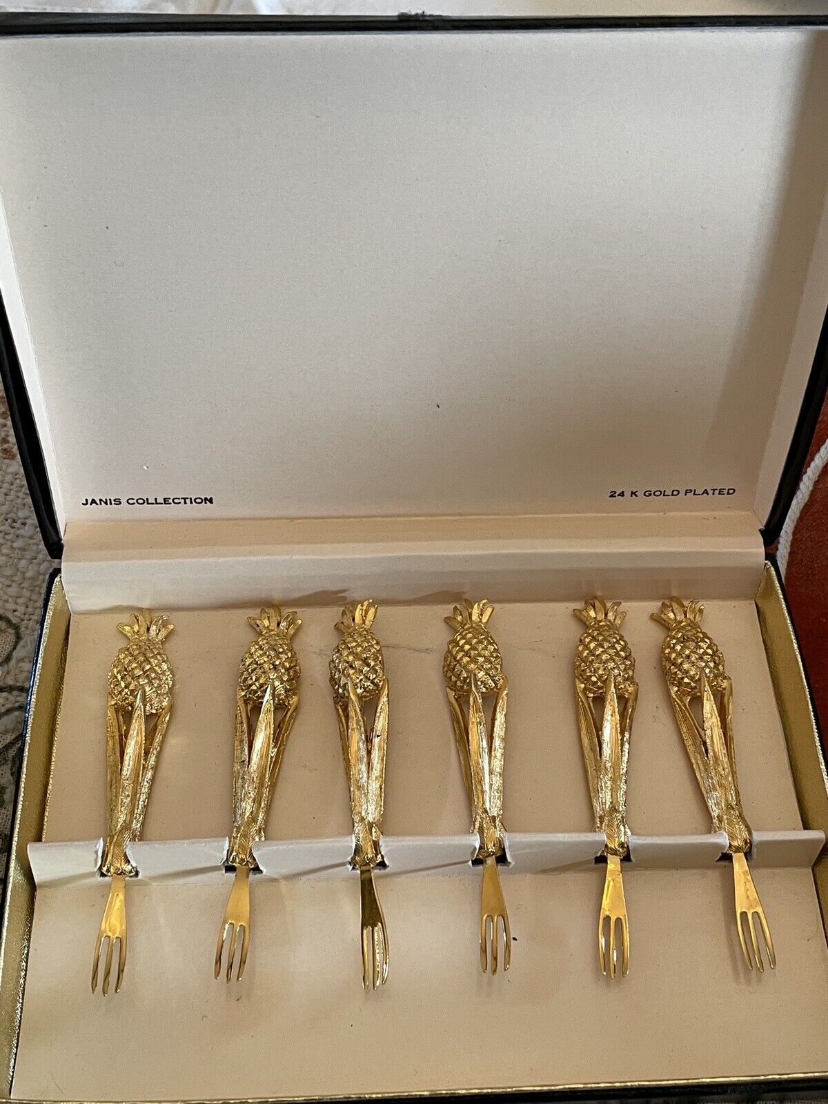 Vintage Canapé Fork Set 24kt Gold Plated Janis Collection 6 Pineapple Design