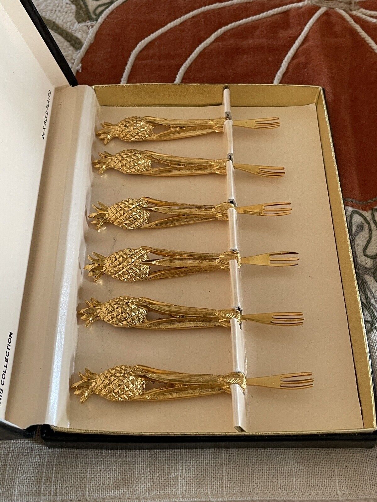Vintage Canapé Fork Set 24kt Gold Plated Janis Collection 6 Pineapple Design