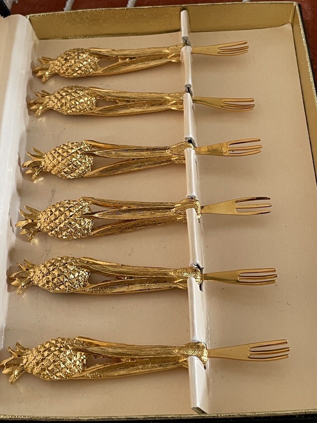 Vintage Canapé Fork Set 24kt Gold Plated Janis Collection 6 Pineapple Design