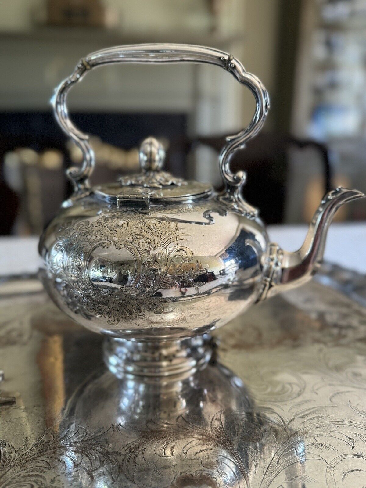 Antique James Dixon & Sons Tilting Tea Pot Silverplate Monogram XXLARGE
