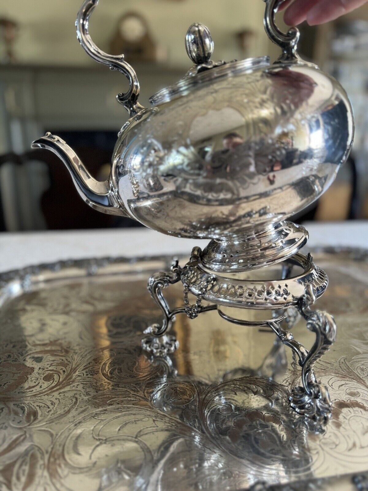 Antique James Dixon & Sons Tilting Tea Pot Silverplate Monogram XXLARGE