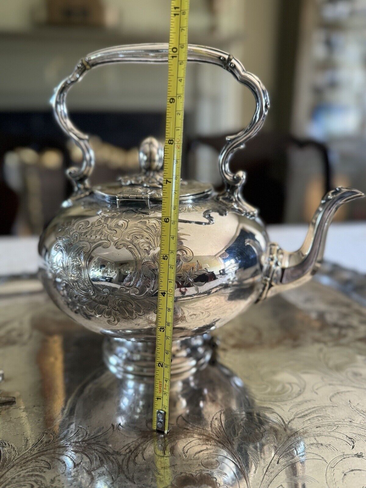 Antique James Dixon & Sons Tilting Tea Pot Silverplate Monogram XXLARGE