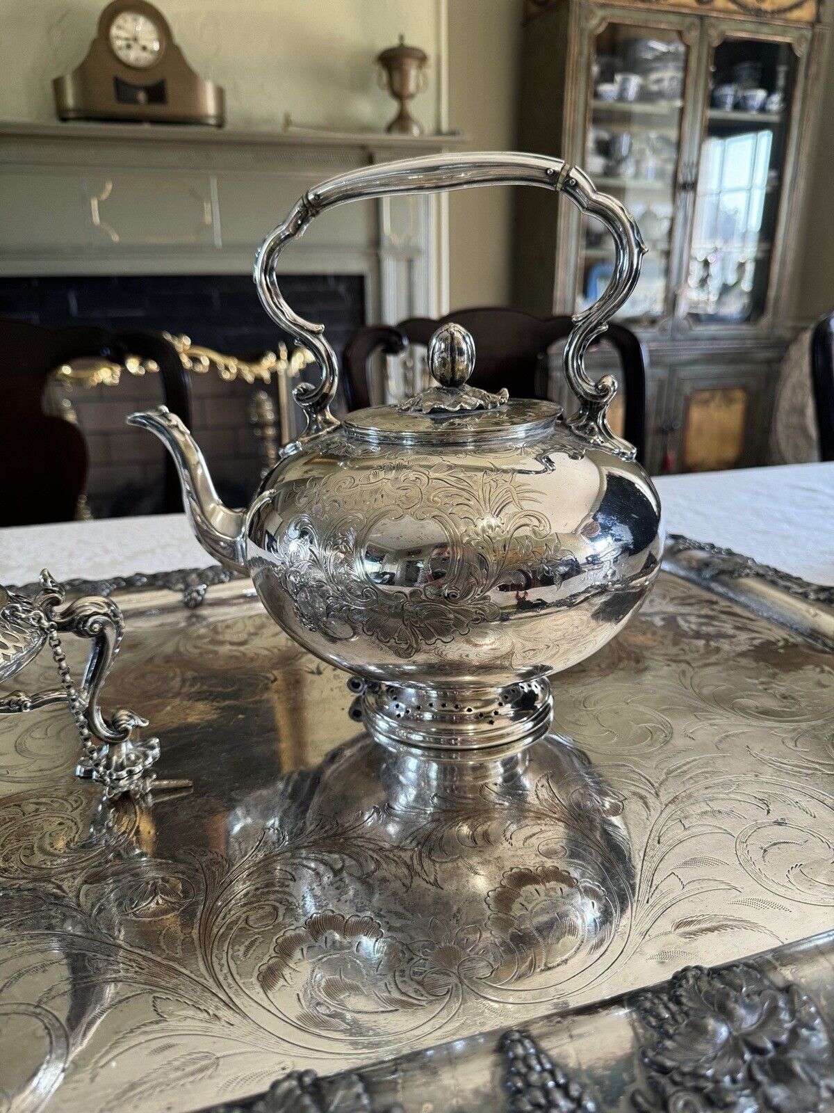 Antique James Dixon & Sons Tilting Tea Pot Silverplate Monogram XXLARGE