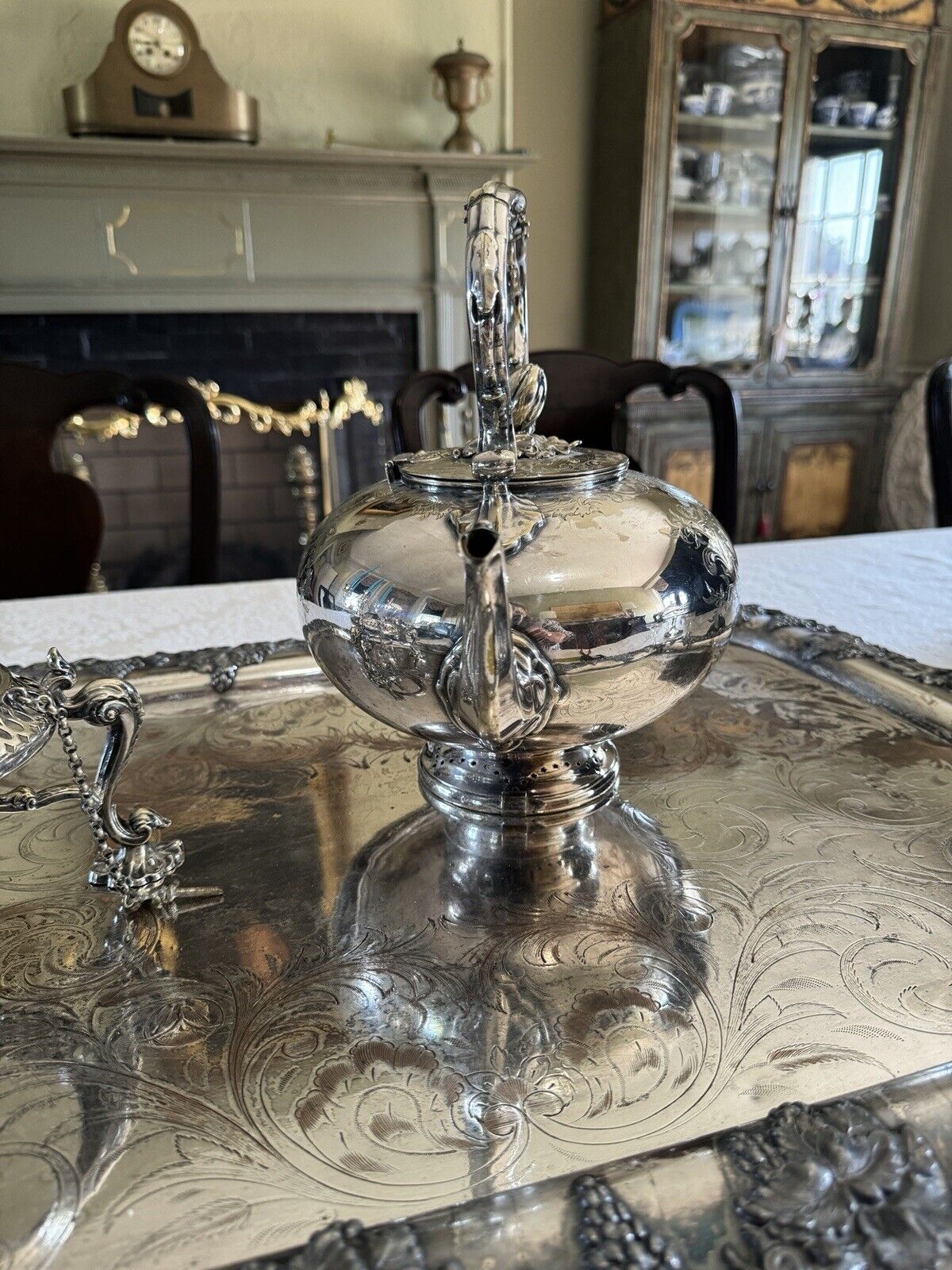 Antique James Dixon & Sons Tilting Tea Pot Silverplate Monogram XXLARGE