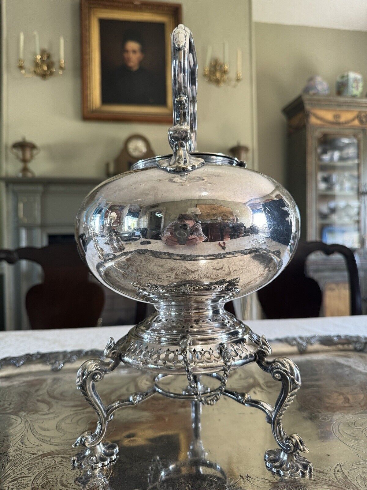 Antique James Dixon & Sons Tilting Tea Pot Silverplate Monogram XXLARGE