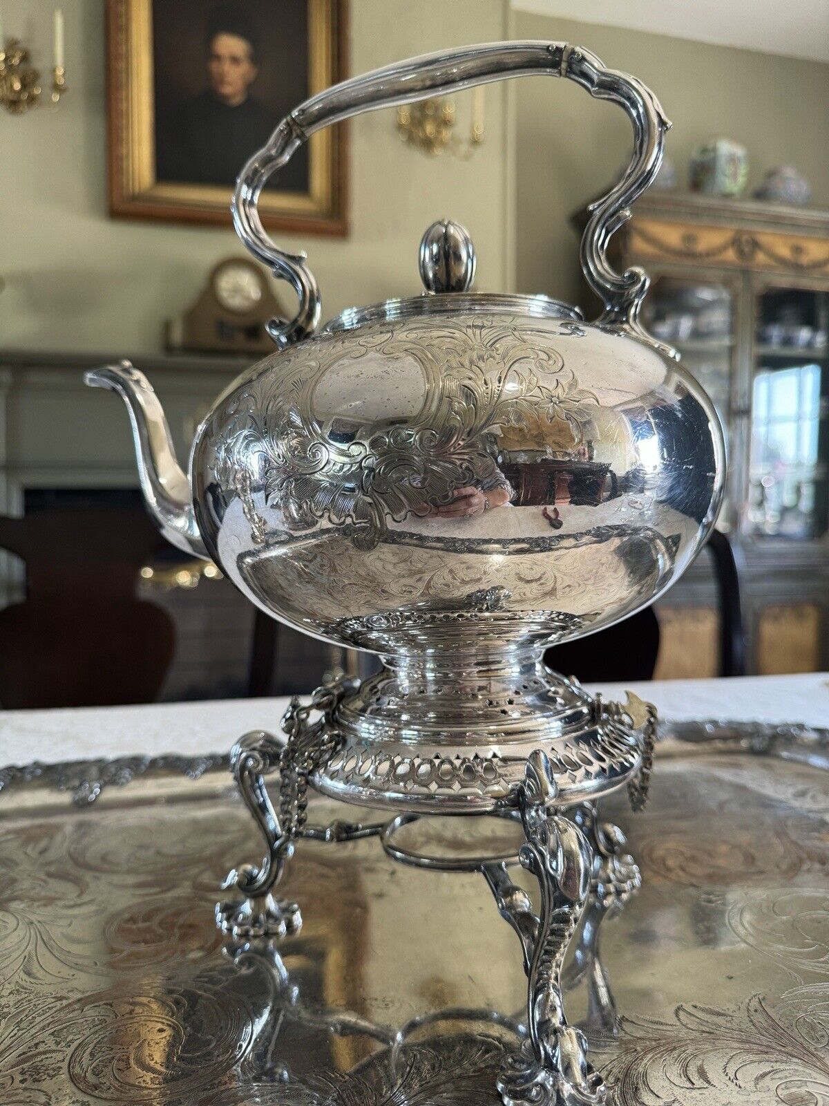 Antique James Dixon & Sons Tilting Tea Pot Silverplate Monogram XXLARGE