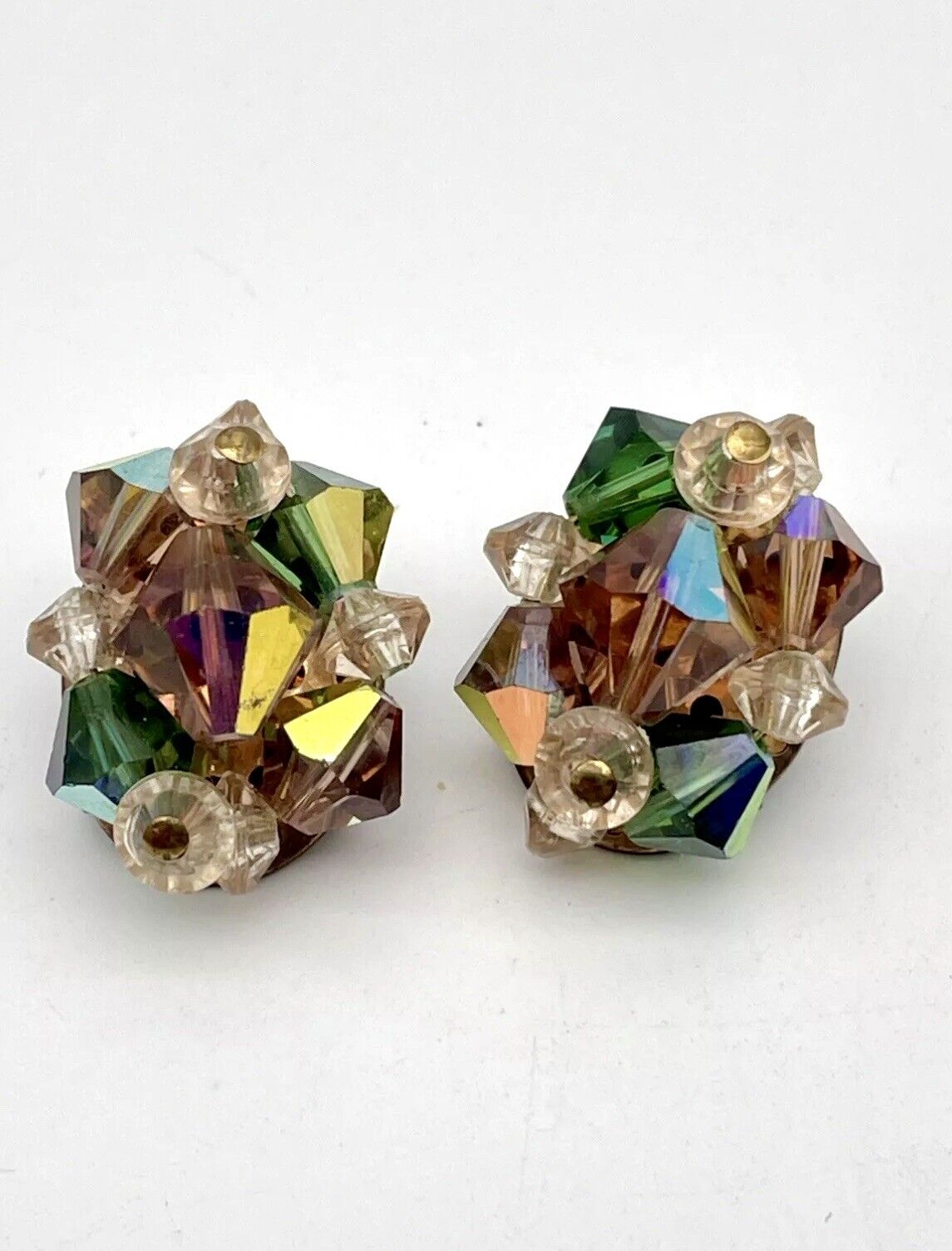Vintage Pair Aurora Borealis Emerald & Topaz Colored Rhinestone Clip On Earrings