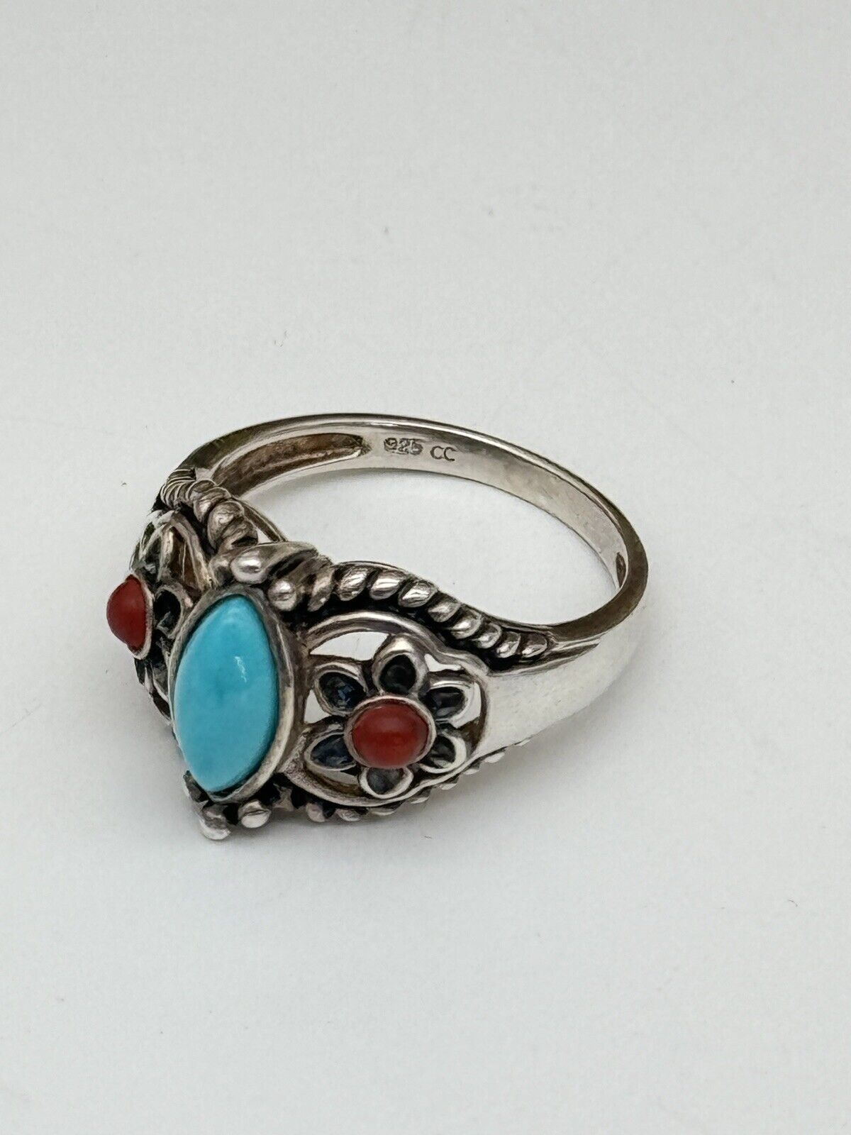 Sterling Silver & Turquoise & Red Coral Southwestern Design Ring Size 8.75