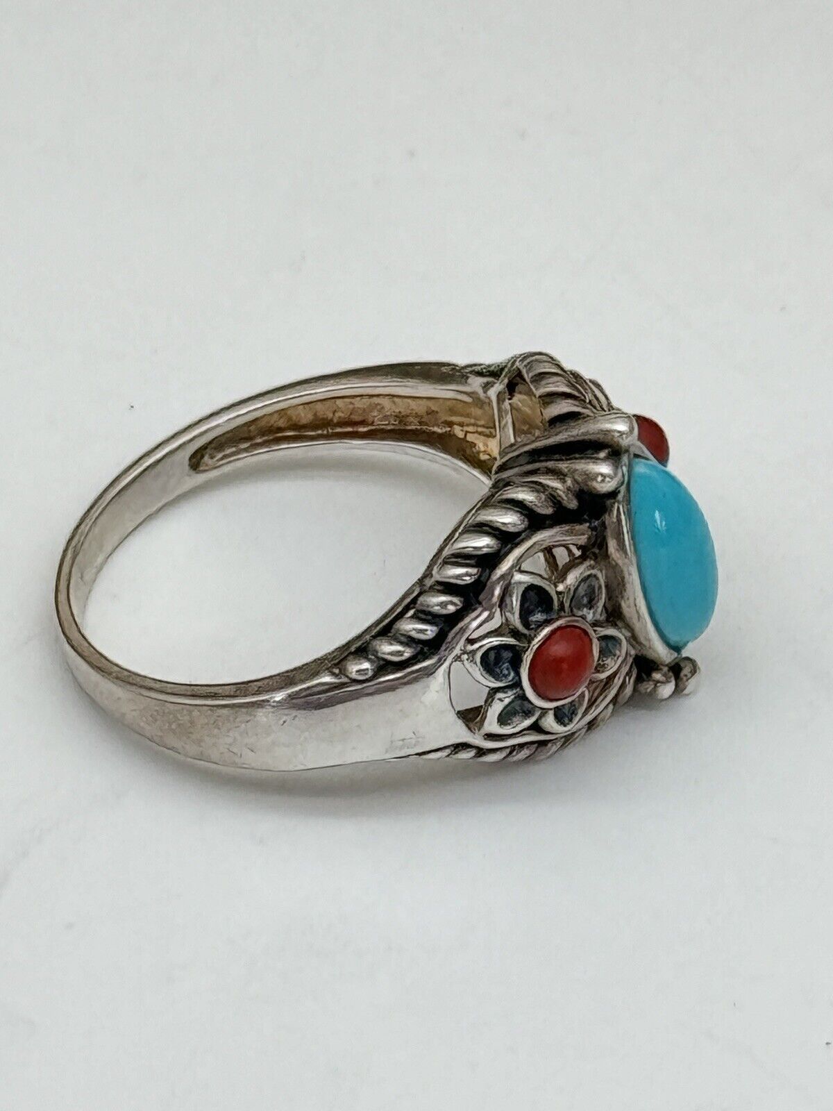 Sterling Silver & Turquoise & Red Coral Southwestern Design Ring Size 8.75