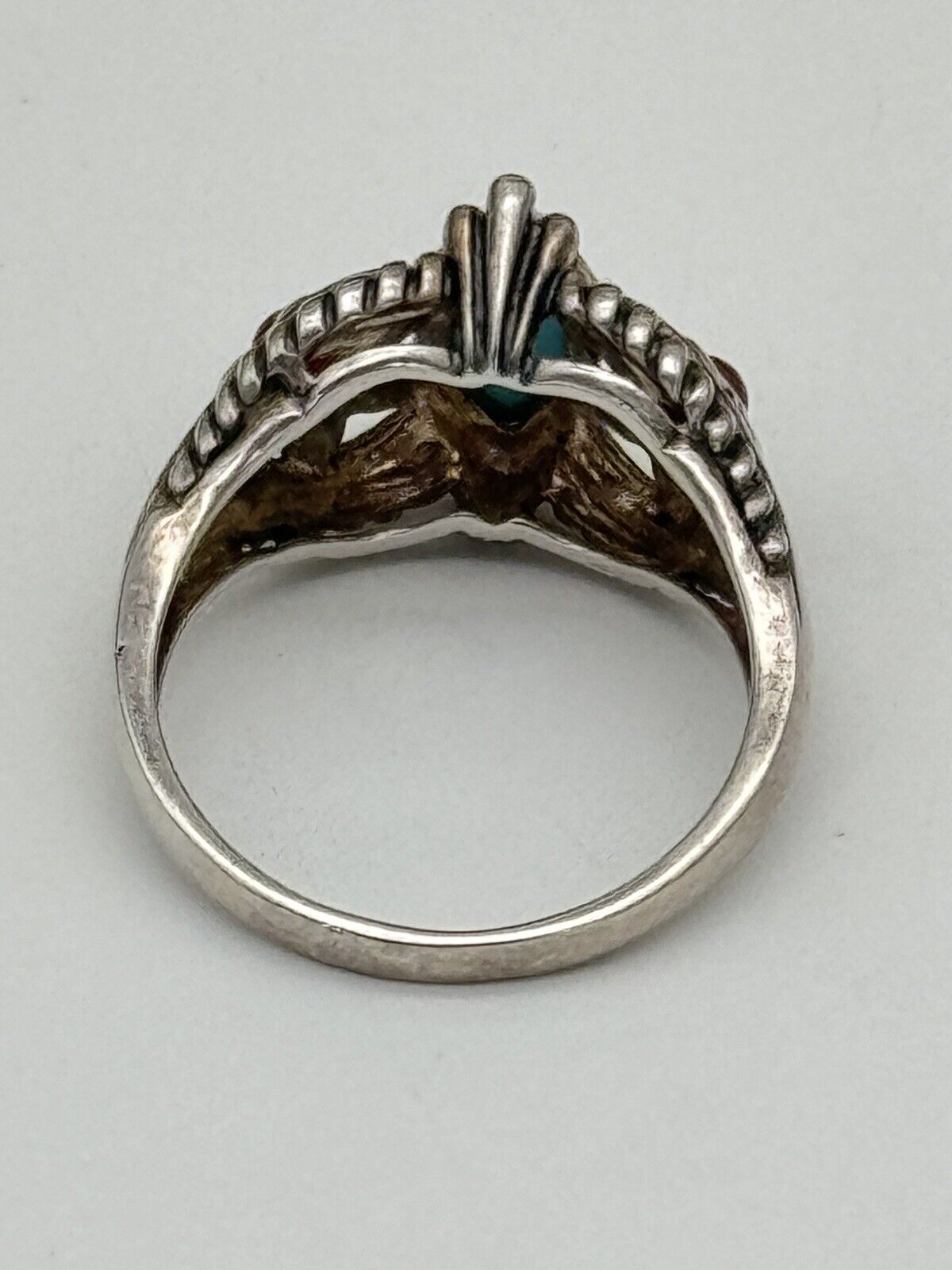 Sterling Silver & Turquoise & Red Coral Southwestern Design Ring Size 8.75