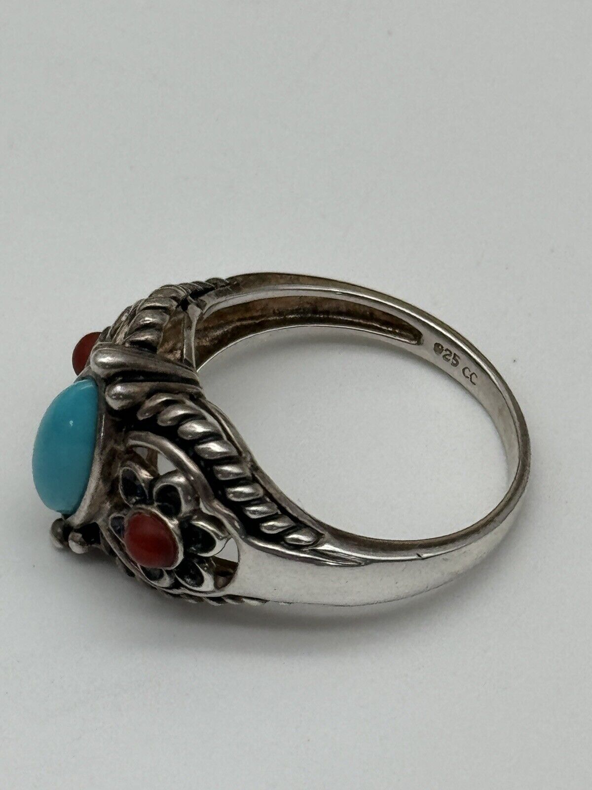 Sterling Silver & Turquoise & Red Coral Southwestern Design Ring Size 8.75