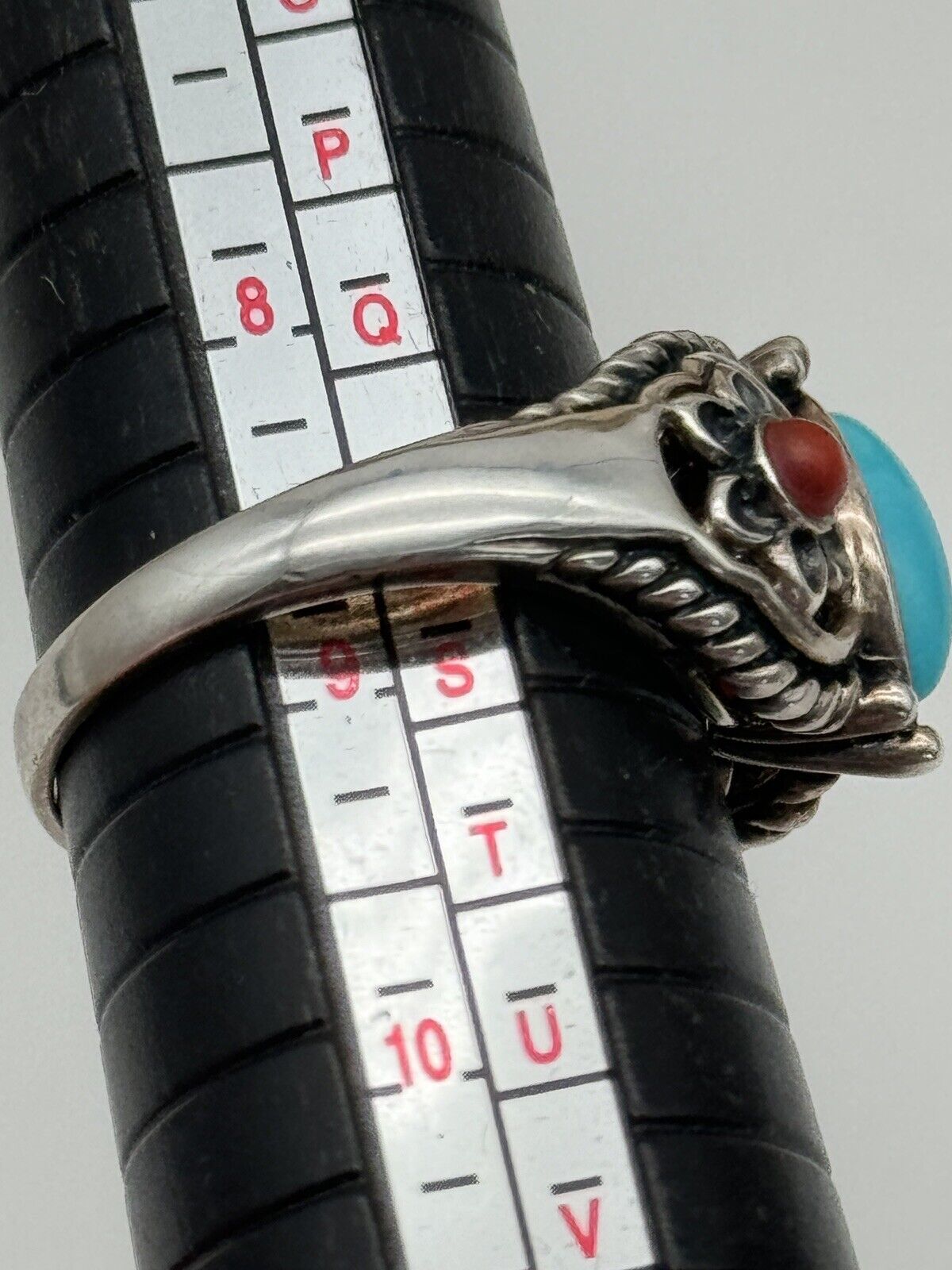 Sterling Silver & Turquoise & Red Coral Southwestern Design Ring Size 8.75