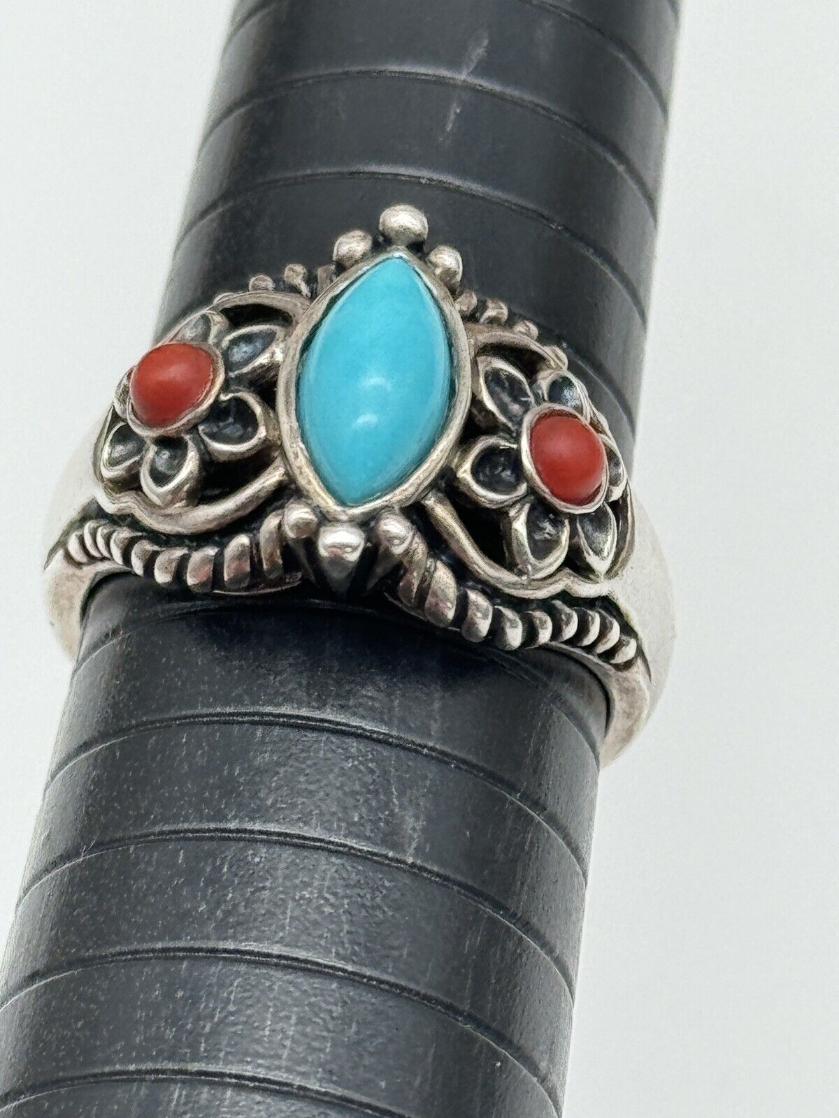Sterling Silver & Turquoise & Red Coral Southwestern Design Ring Size 8.75