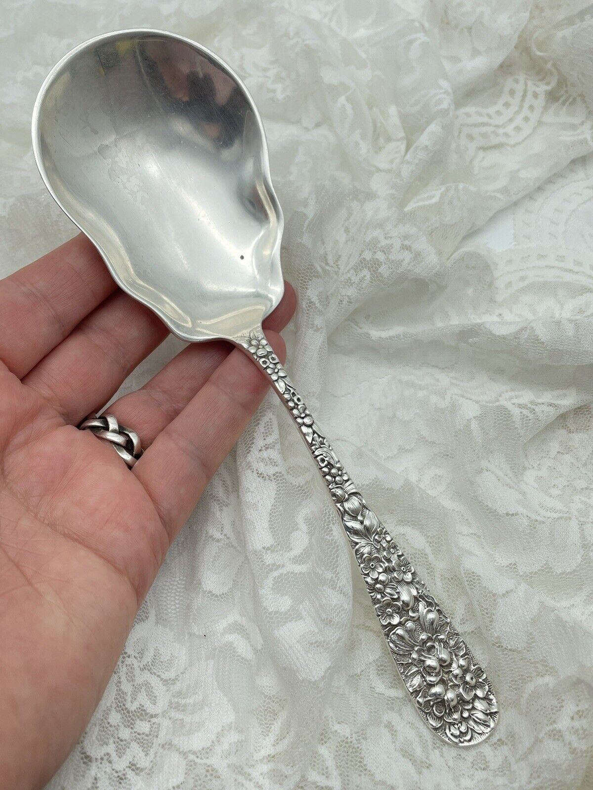 Vintage Stieff Rose Flatware Sterling Silver .925 Salad SERVING Spoon 8"