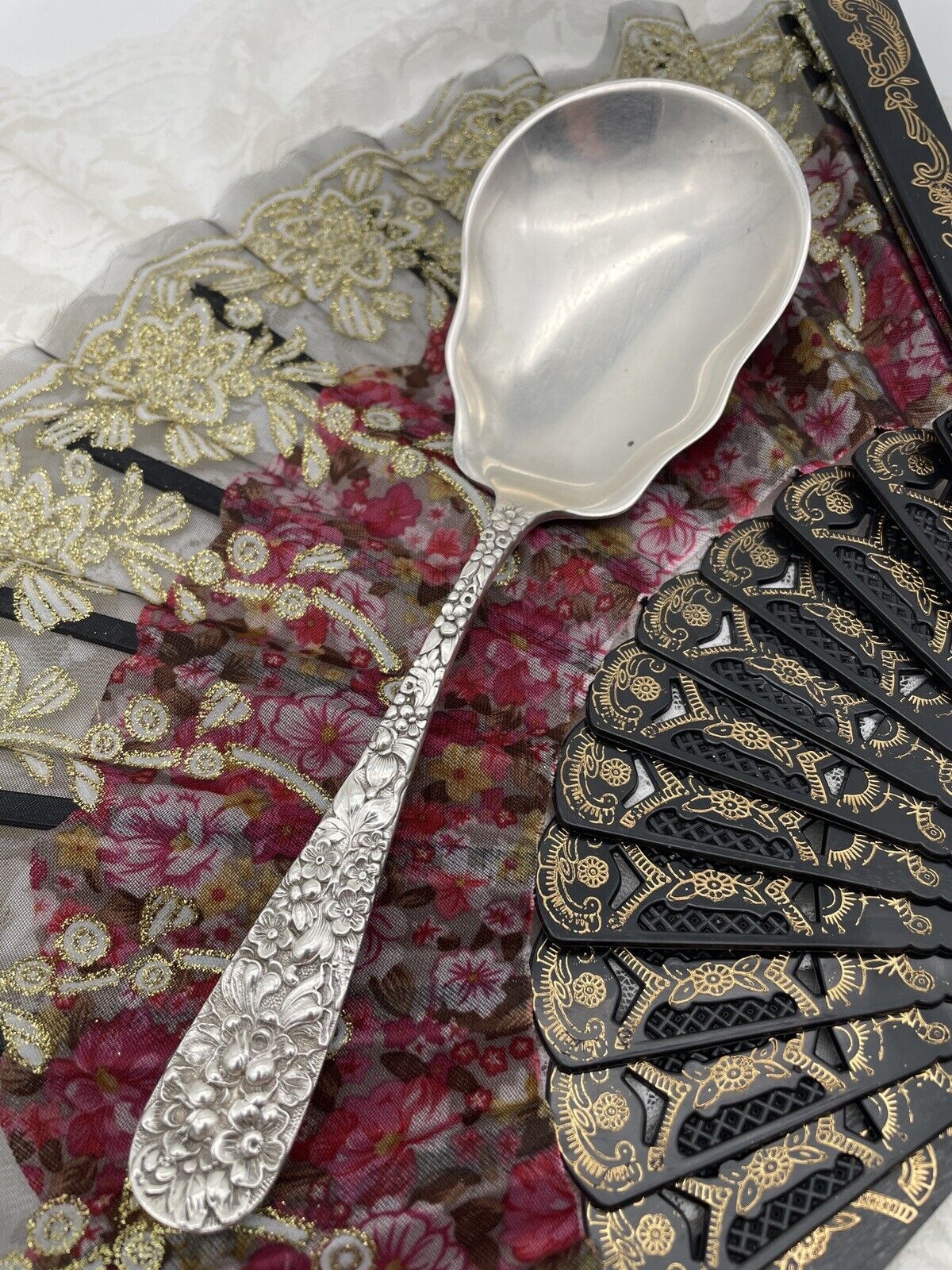 Vintage Stieff Rose Flatware Sterling Silver .925 Salad SERVING Spoon 8"