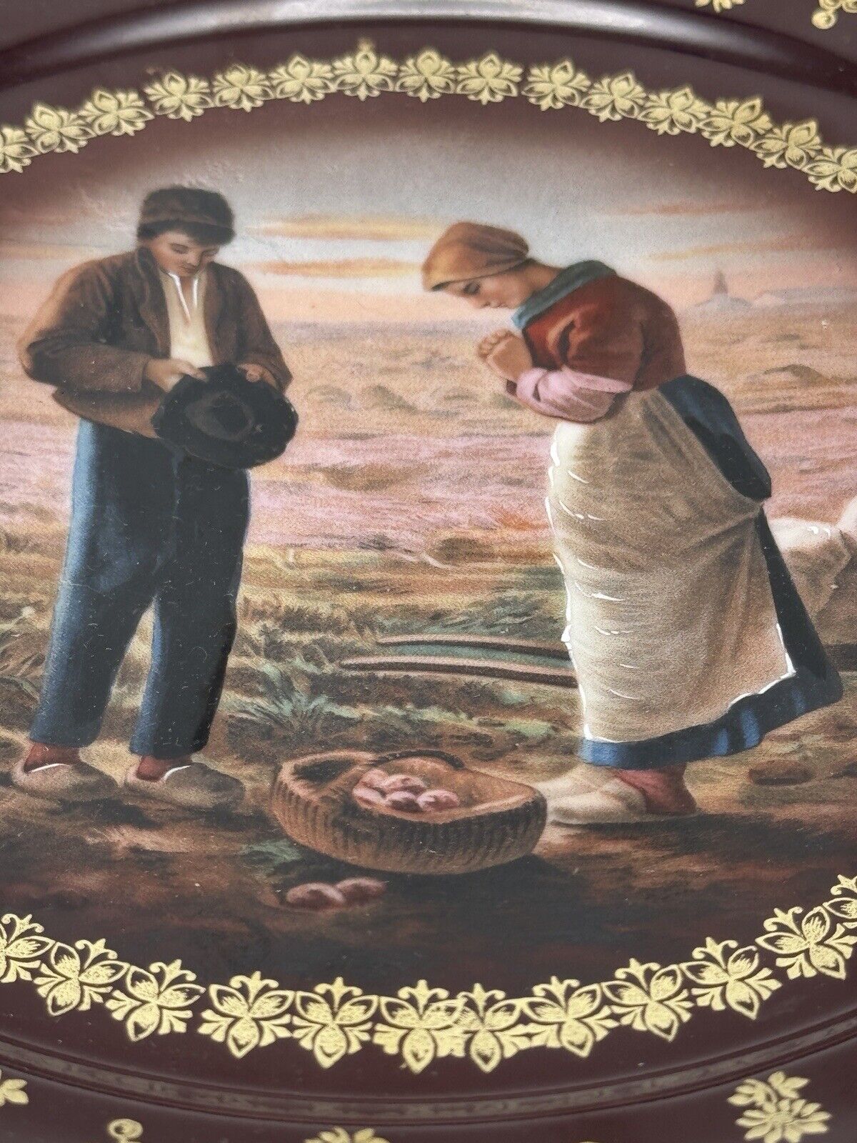 Antique Zeh Scherzer & Co Bavarian Porcelain Plate Woman Praying & Farming Scene