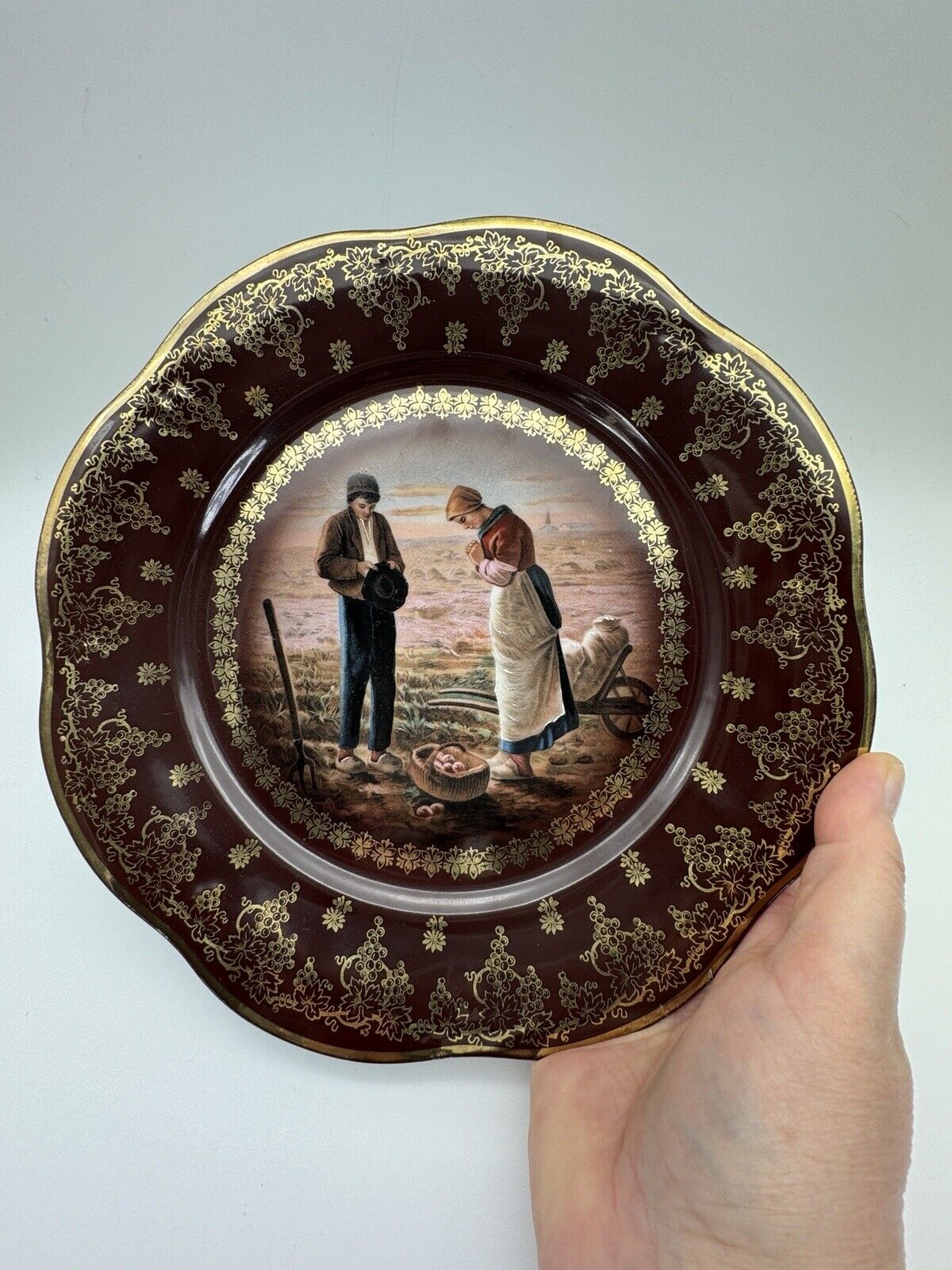 Antique Zeh Scherzer & Co Bavarian Porcelain Plate Woman Praying & Farming Scene