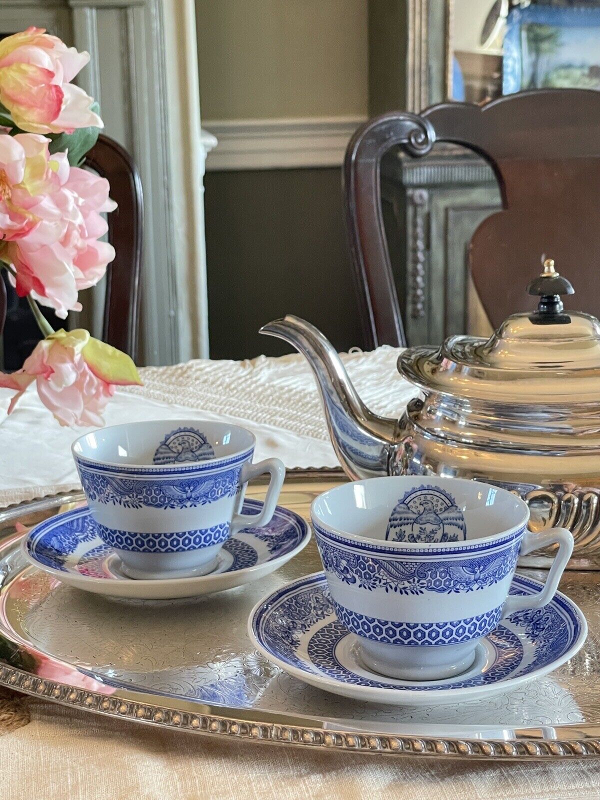 Blue & White Transferware 2 Cups & Saucers VINTAGE Copeland Spode HERITAGE