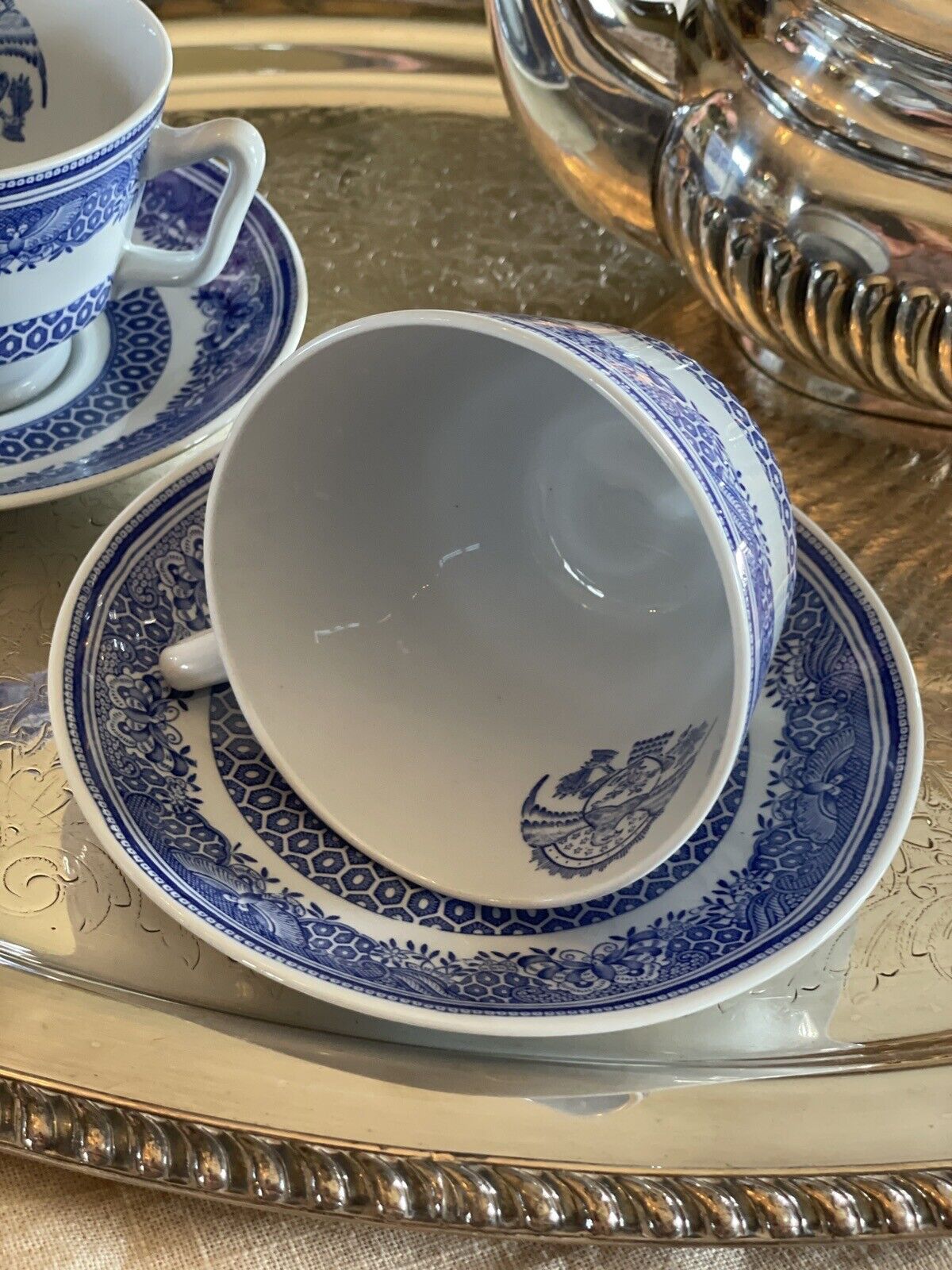 Blue & White Transferware 2 Cups & Saucers VINTAGE Copeland Spode HERITAGE