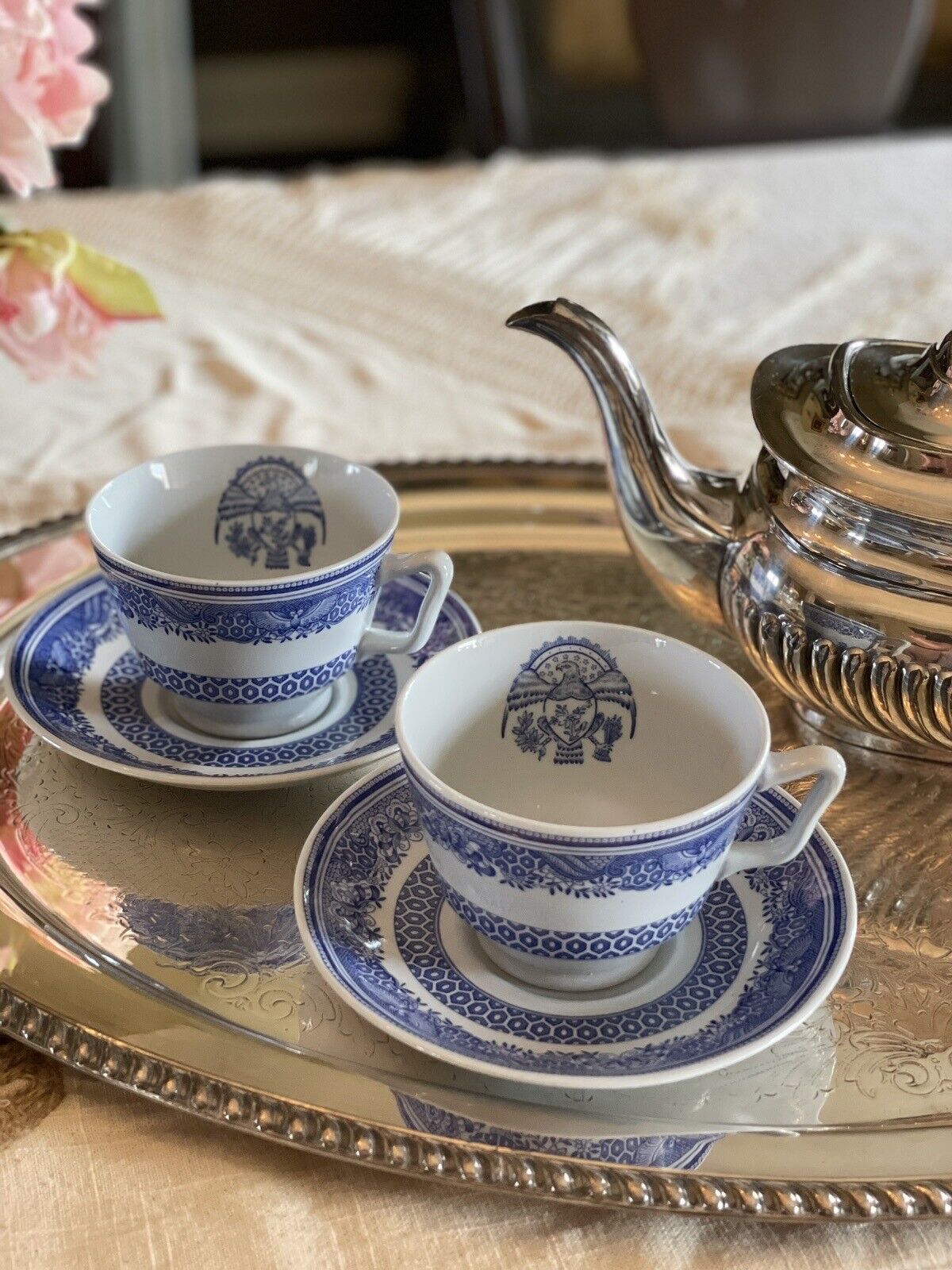 Blue & White Transferware 2 Cups & Saucers VINTAGE Copeland Spode HERITAGE