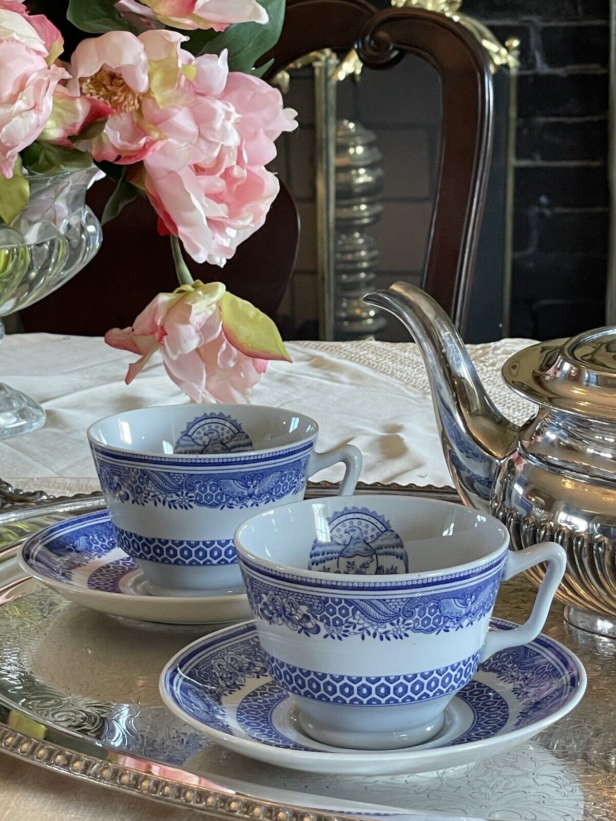 Blue & White Transferware 2 Cups & Saucers VINTAGE Copeland Spode HERITAGE